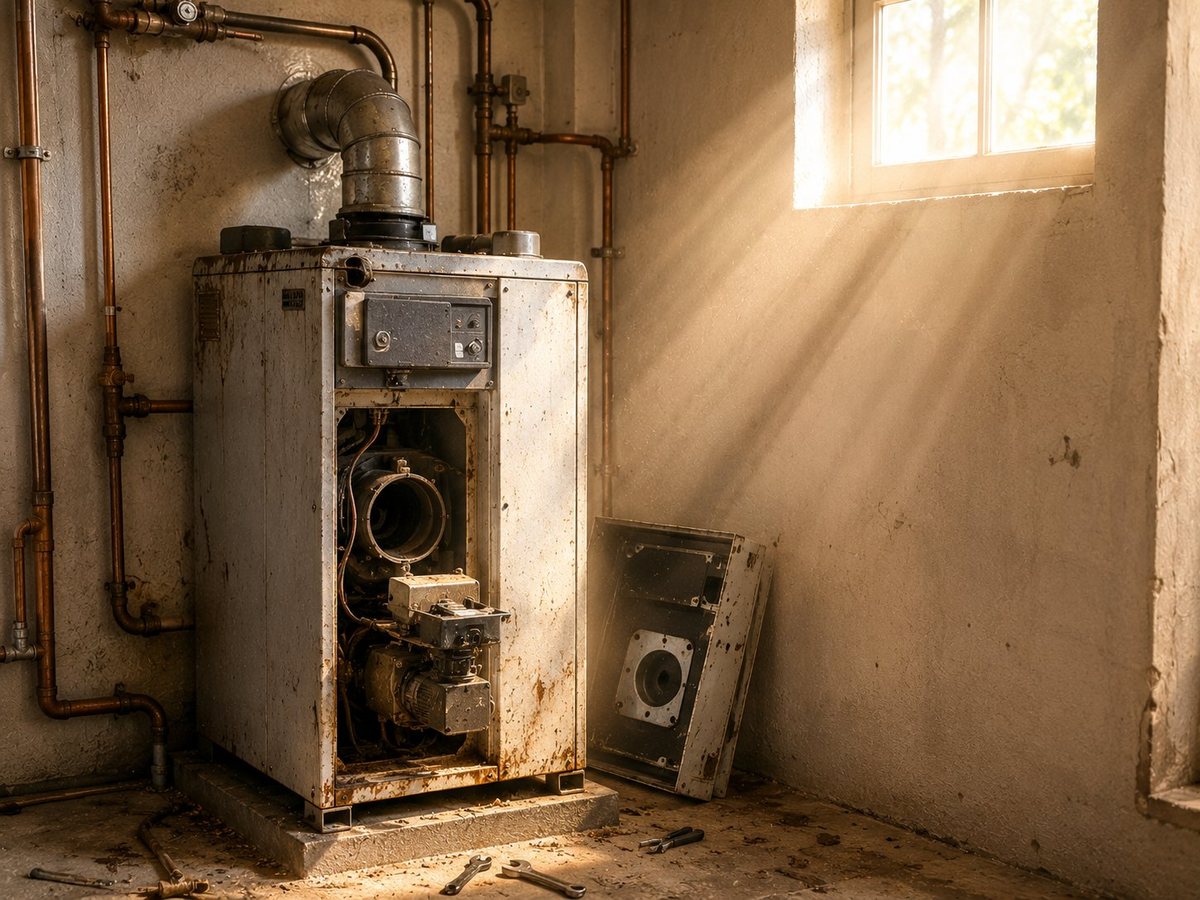 Ancienne chaudière vétuste en cours de remplacement