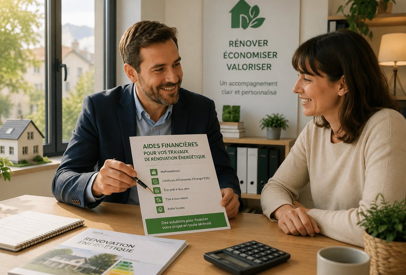 Conseiller Cert'Eco Pro présentant les aides financières à un client