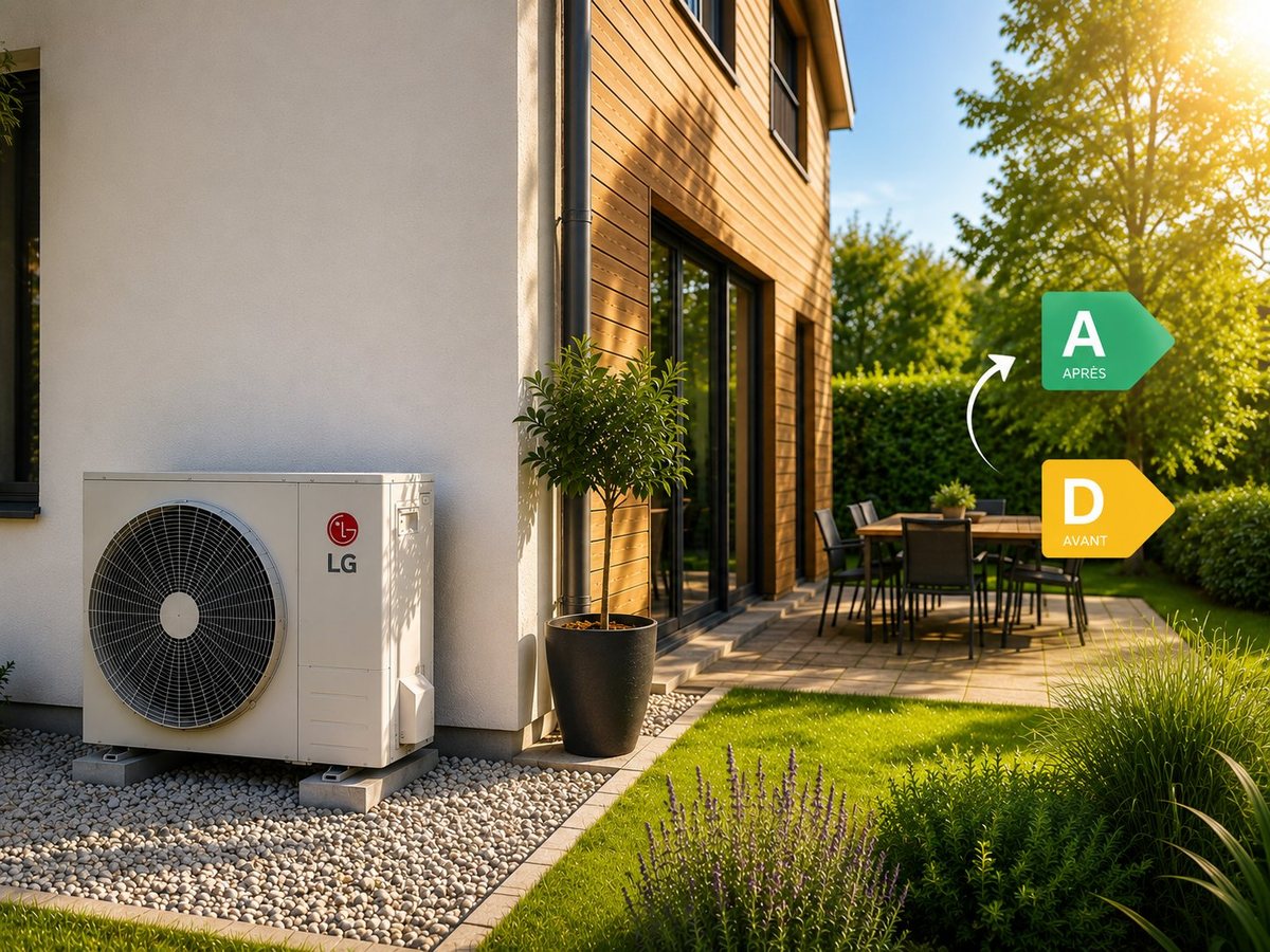 Pompe à chaleur installée et étiquette énergie passant de D à A