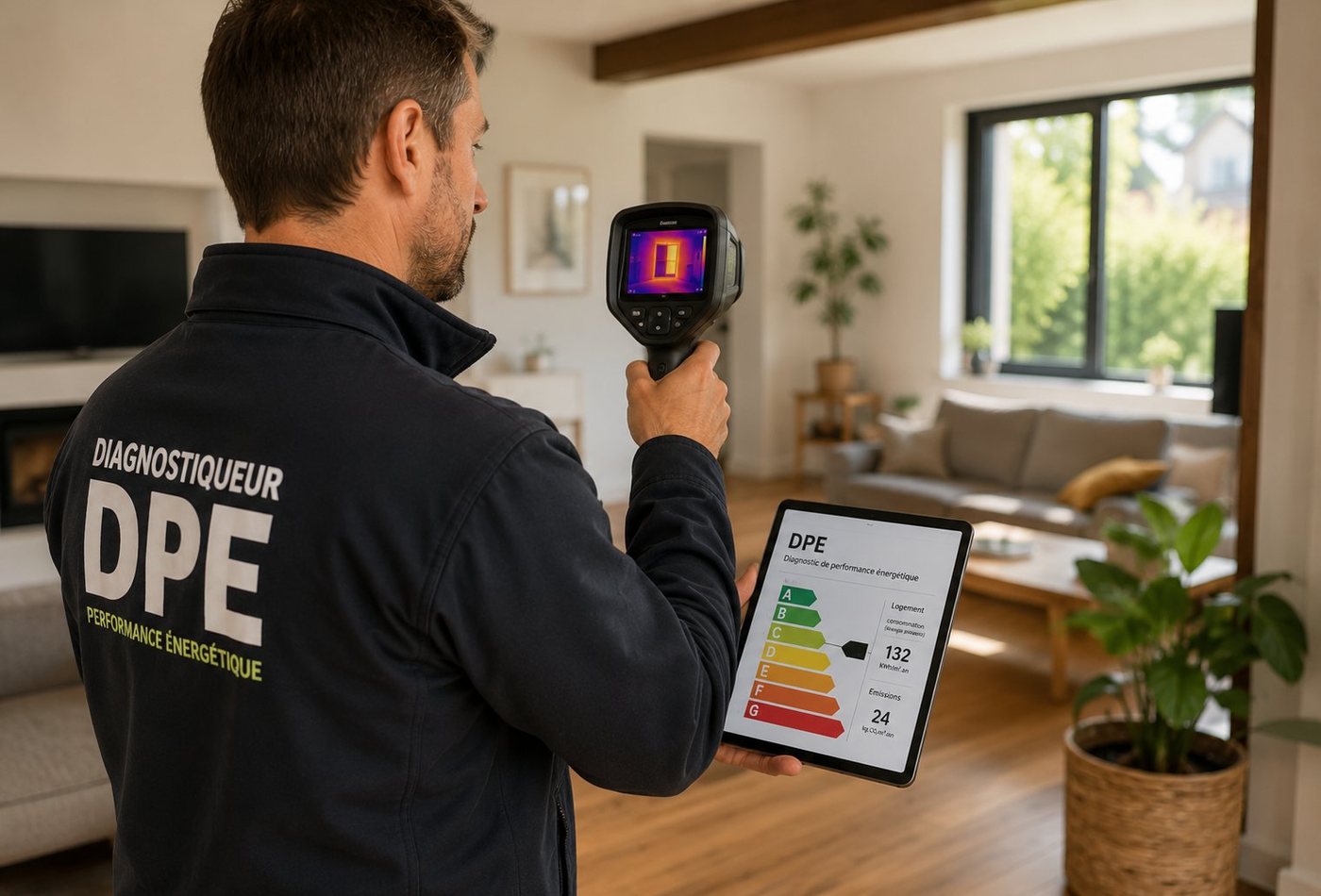 Diagnostiqueur DPE utilisant une caméra thermique avec une tablette affichant l'étiquette énergie