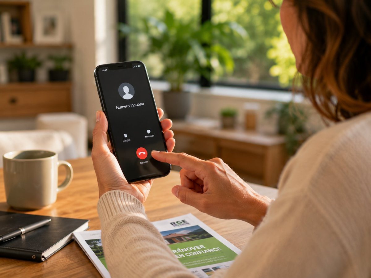 Téléphone affichant un appel d'un numéro inconnu, démarchage refusé