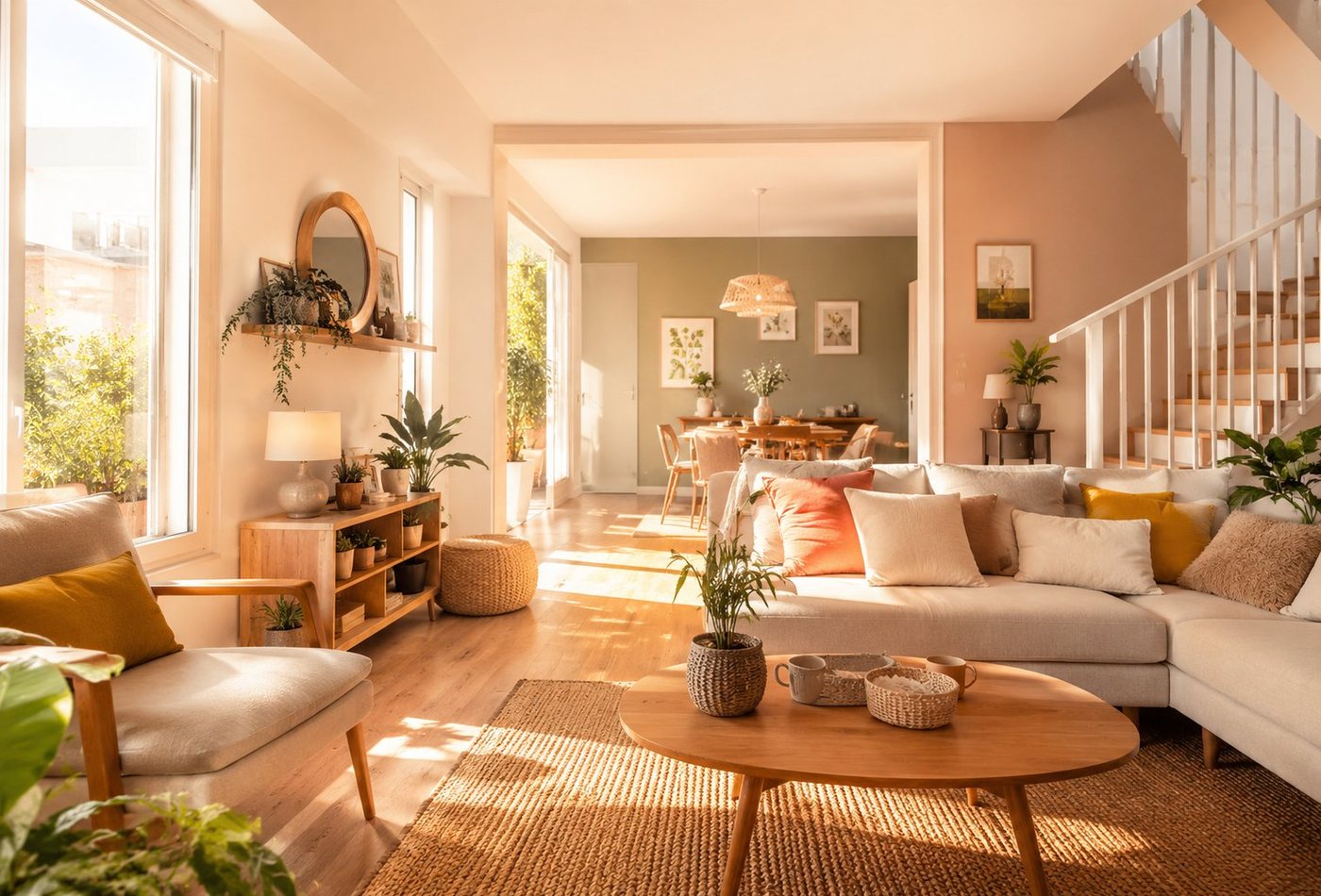 Salon lumineux et chaleureux d'un logement rénové