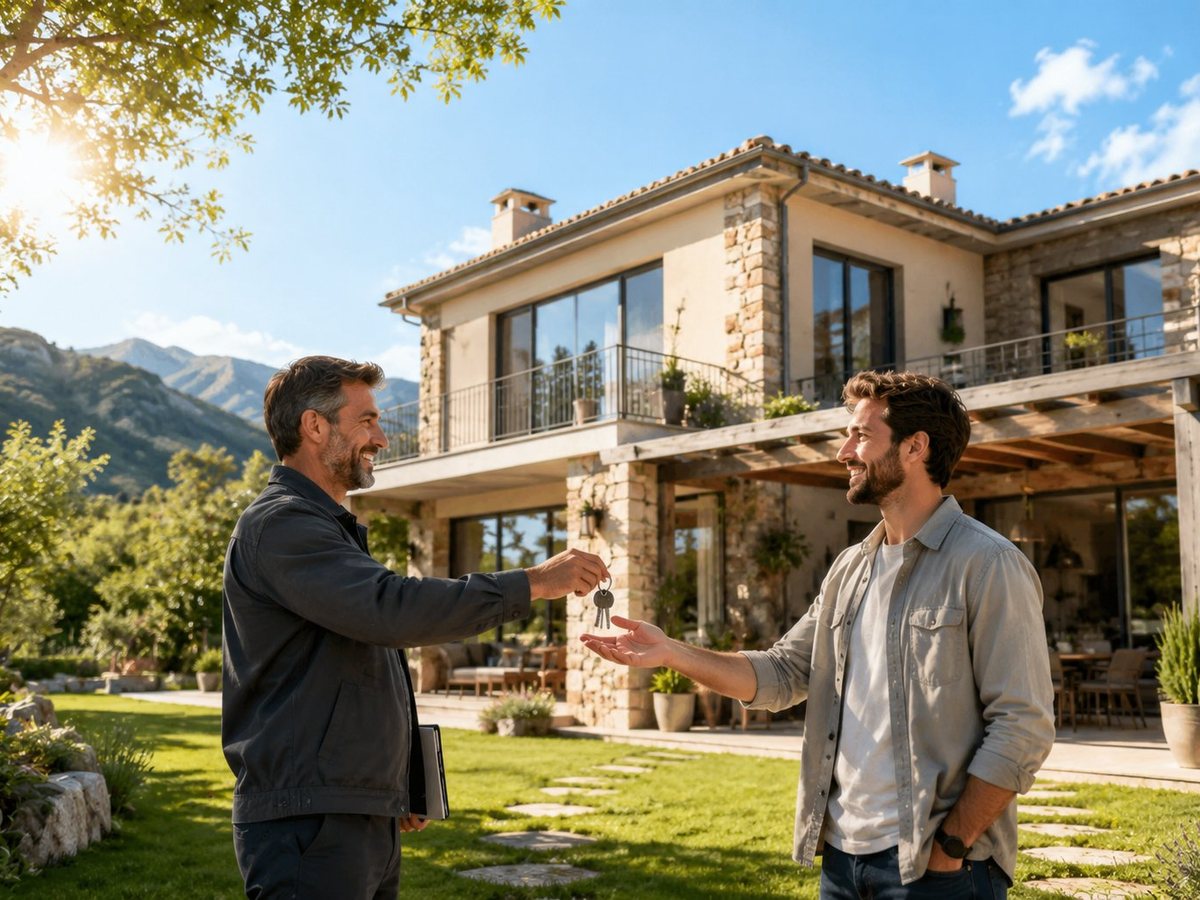 Remise de clés devant une maison rénovée