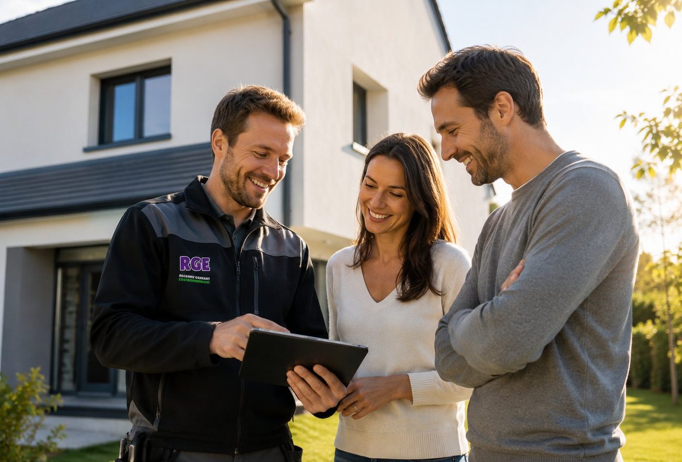 Équipe de techniciens RGE Cert'Eco Pro accompagnant un client devant une maison rénovée