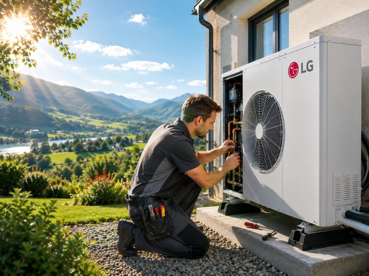 Technicien RGE installant une pompe à chaleur lors d'une rénovation énergétique
